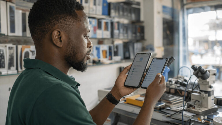 GSM repair shop technician comparing two smartphones during an IMEI check in Nigeria