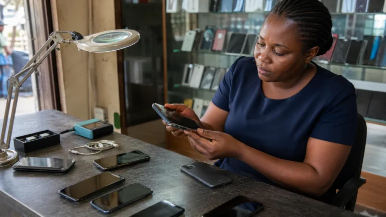 Technicien d'un atelier de réparation GSM vérifiant un téléphone d'occasion avant l'achat