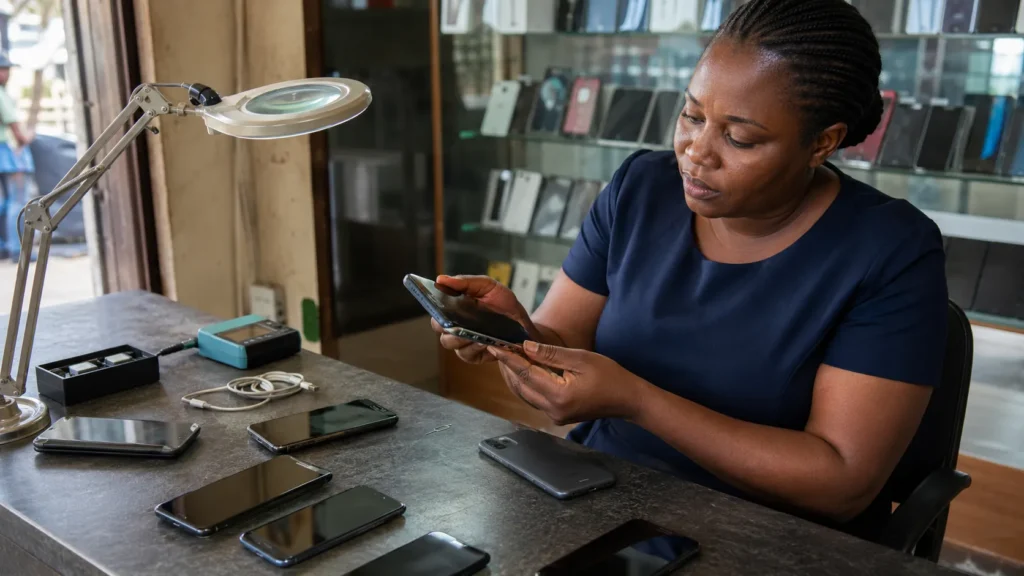 GSM repair shop technician checking a used phone before purchase