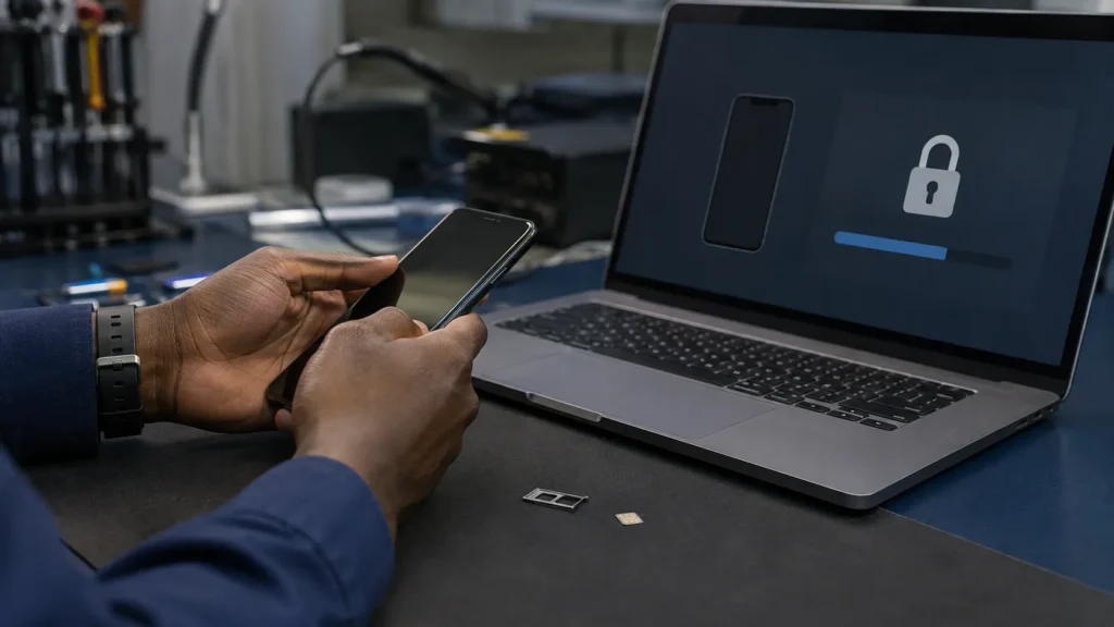 Technicien débloquant un téléphone de son réseau opérateur à l'aide d'un panneau de vérification