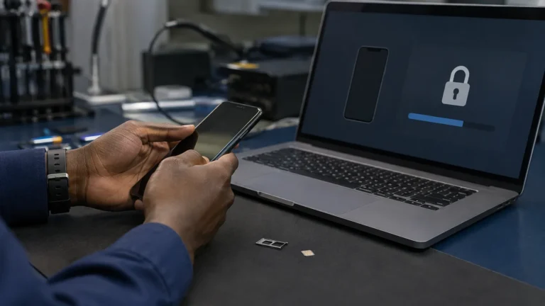 Technicien débloquant un téléphone de son réseau opérateur à l'aide d'un panneau de vérification