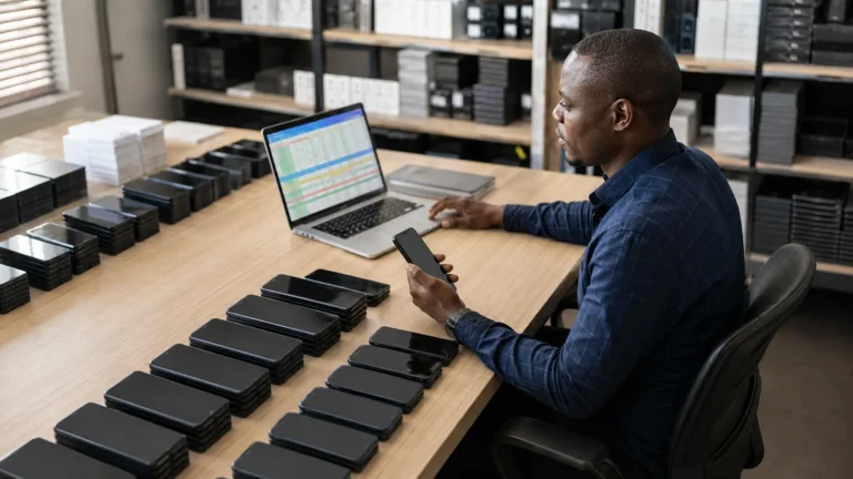 Grossiste GSM examinant un stock de téléphones en gros et les paliers tarifaires